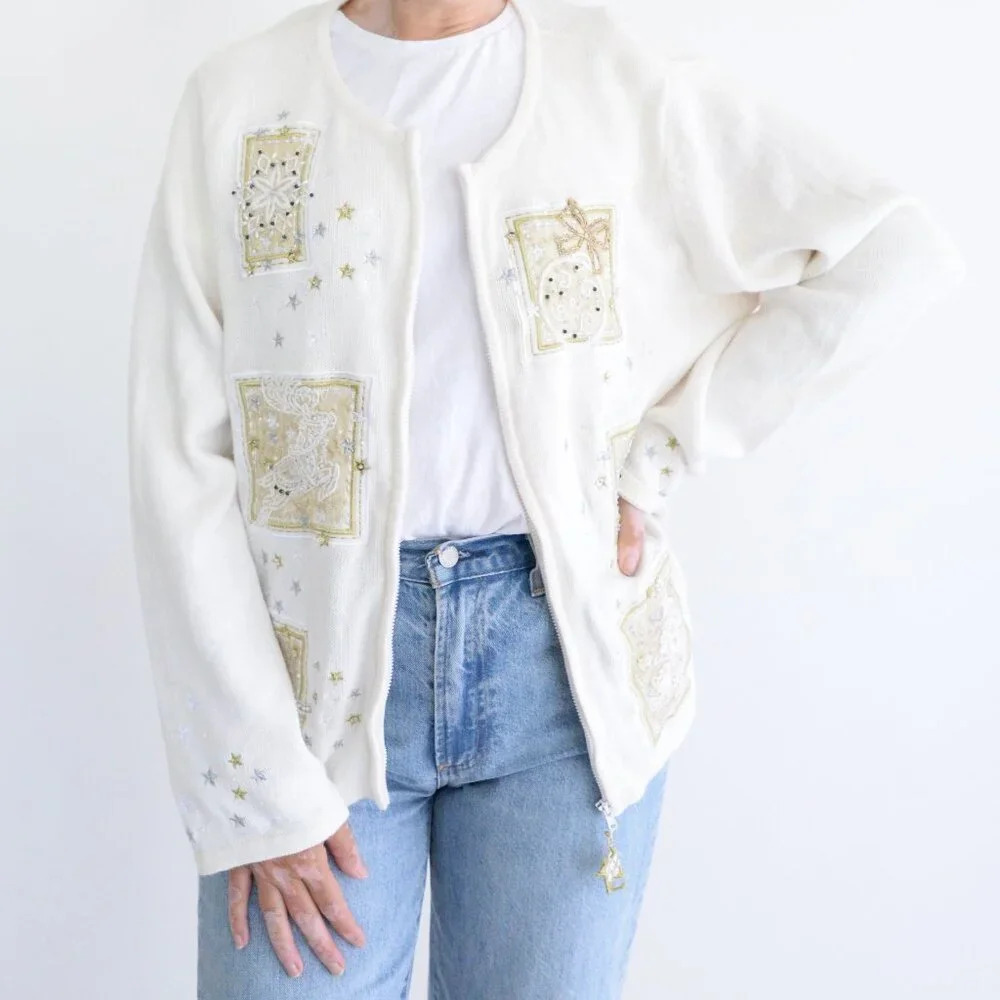 Vintage Tiara Cream Ugly Christmas Beaded Reindeer Zip Up Cardigan Sweater XL